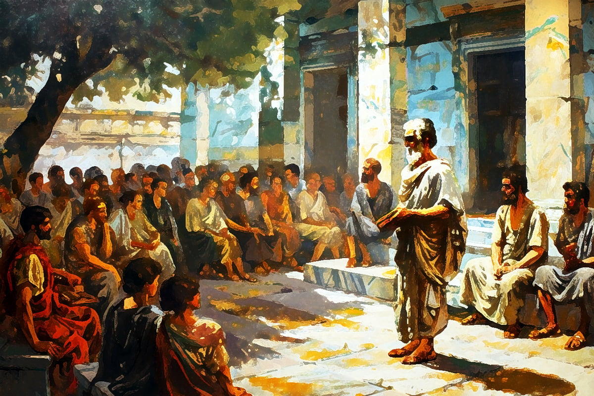The image depicts Zeno of Citium, the founder of Stoicism, teaching a captivated audience at the Stoa Poikile in Athens. The students, diverse in age and dress, are seated around him in a semi-circle, attentively listening. The setting is an open space with columns and the town square visible in the background, illustrating a typical scene of classical philosophical discourse in ancient Greece.