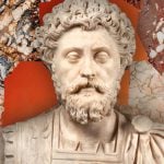 Artistic rendering of a marble bust of Marcus Aurelius set against a collage background blending geometric shapes and marble textures in shades of orange, white, and grey. The bust, finely detailed with a full beard and curly hair, conveys a thoughtful expression characteristic of stoic philosophy. The juxtaposition of ancient sculpture and modern design elements evokes a guide to Stoicism from the perspective of a Roman emperor.